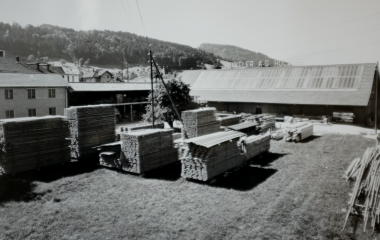 Holzlager vor der neu erstellten Zimmereihalle in Ebikon nach 1945